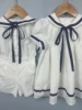 Summer Navy Sister Brother Clothing White Cotton Linen Fabric with Bblack Ribbon Comfortable Breathable Daily Outfit Performance 2