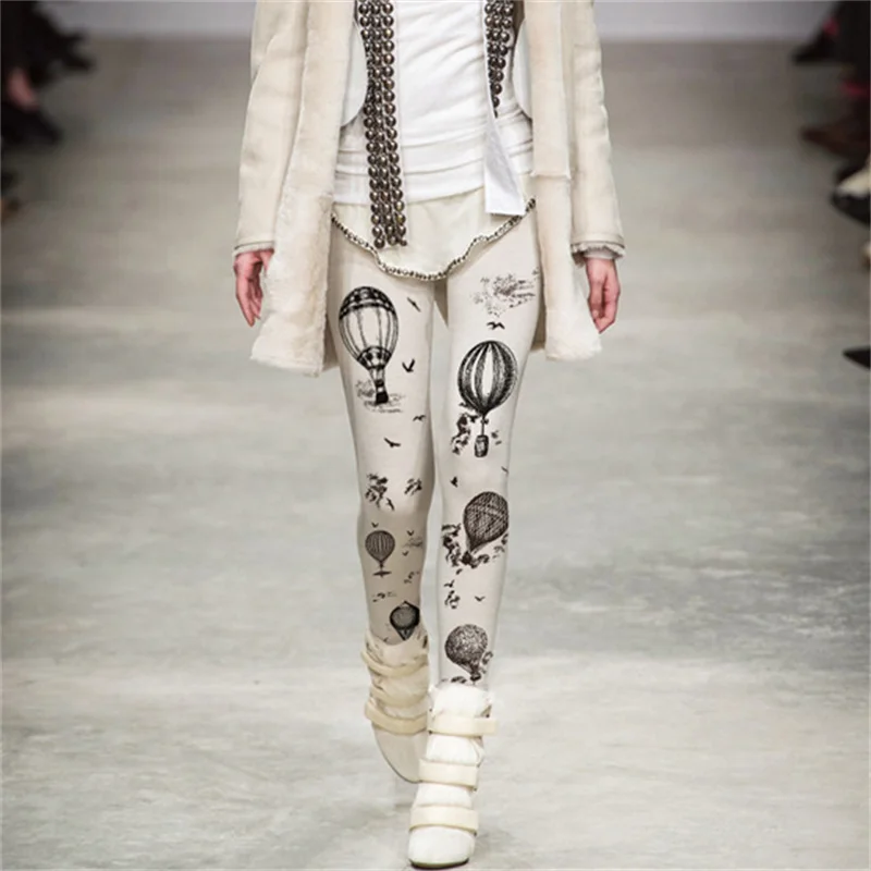 

Catwalk European American Big-name Retro Punk Rock Fan Hot Air Balloon Printing Pantyhose Leggings Stockings Autumn Winter