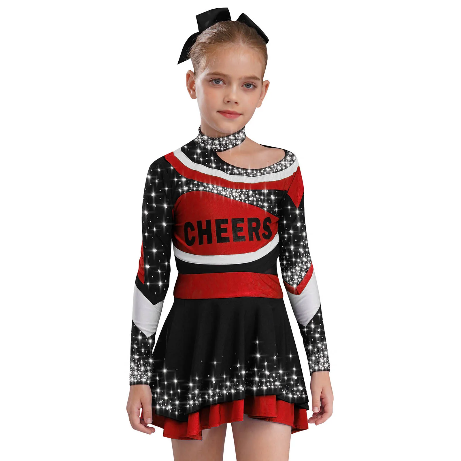 Cheerleading-Outfits für Kinder und Mädchen, Cheerleader-Tanz-Performance-Kostüm, langärmlig, mit Buchstaben-Aufdruck, glänzendes Strass-Oberteil mit Rock – Detail 25