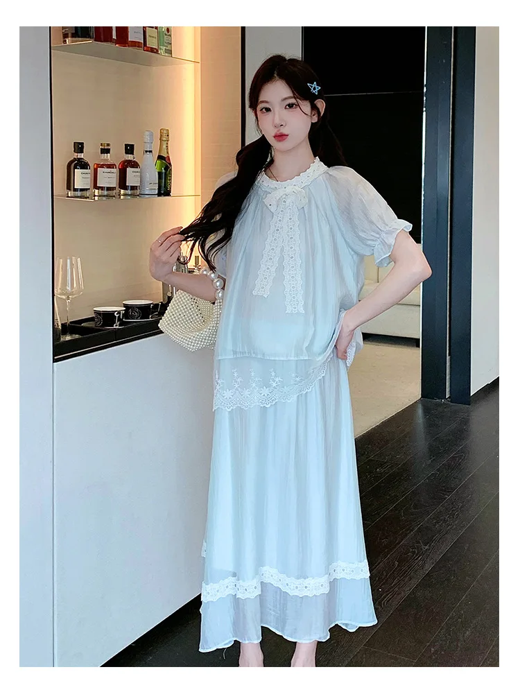 임산부 의류 2026년 여름 블루 레이스 리본 퍼프 소매 블라우스와 맥시 스커트 임산부를 위한 부드럽고 우아한 분위기