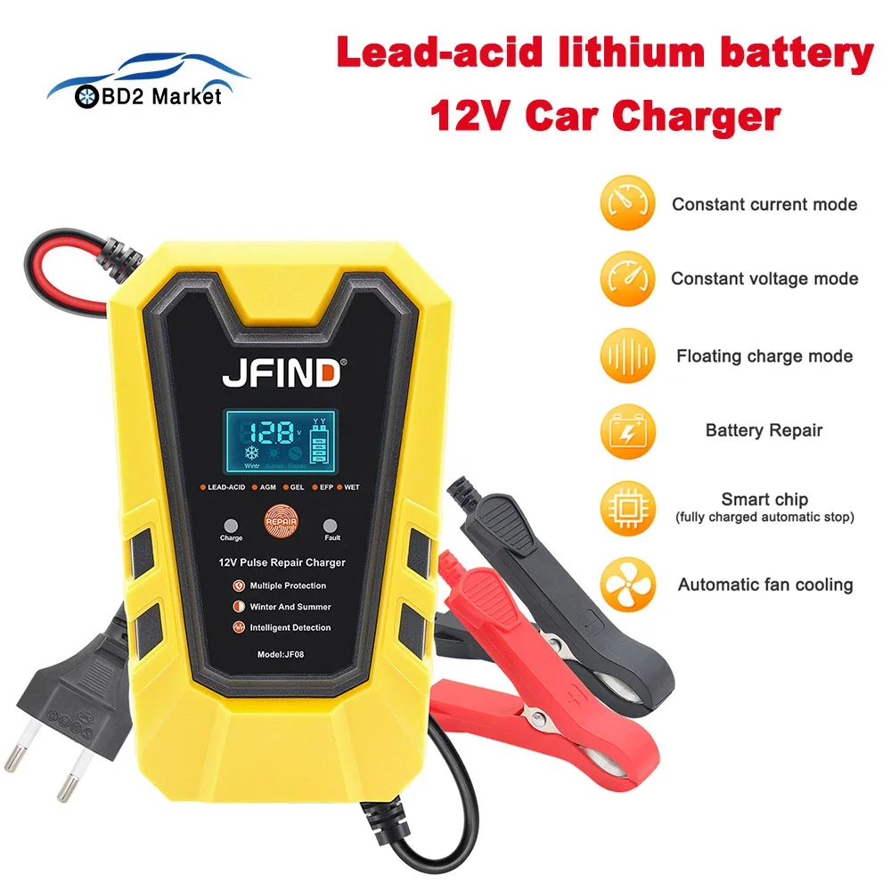 

Jfind 12V 6A JF08 Auto Pulse Repair Lead-acid Lithium Car Battery Charger LCD Display Battery Tester Fast Charge For Car/Moto