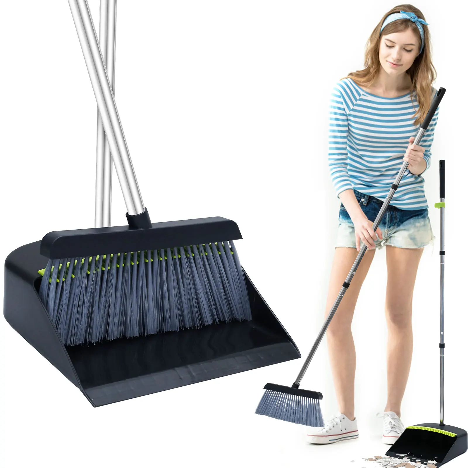 

Broom and Dustpan Set with Long Handle Portable Dustpan Broom Combo Reusable Sweeper Dustpan Set with Comb Teeth Soft Bristle