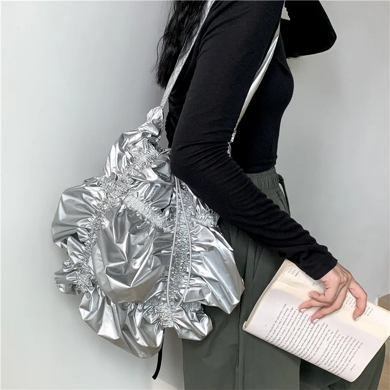 Fashion Pleated  Flower Shape Women's Shoulder Bag Soft Silver Leather Tote Bag Casual Drawstring Daily Pouch Shopper Bag 2023
