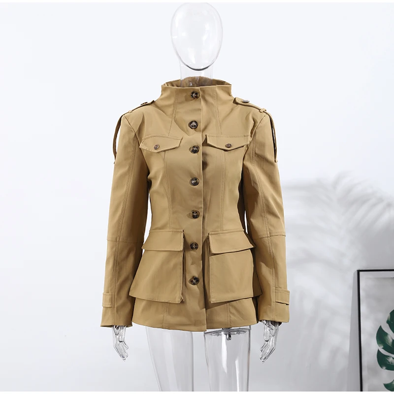 Pocket Stand Collar Long Sleeves Jacket Woman Single Breasted Solid Color Waist Cinching Jackets Versatile Women's New Jackets 16 S98139d929e5c4d3aa9eb776e12ad0948O