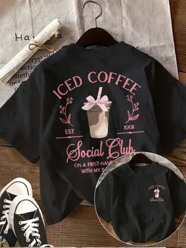 Iced Coffee Social Club Graphic T-Shirt Pink Bow Coffee Lover Tee Summer Harajuku Streetwear  Tops For Women 1