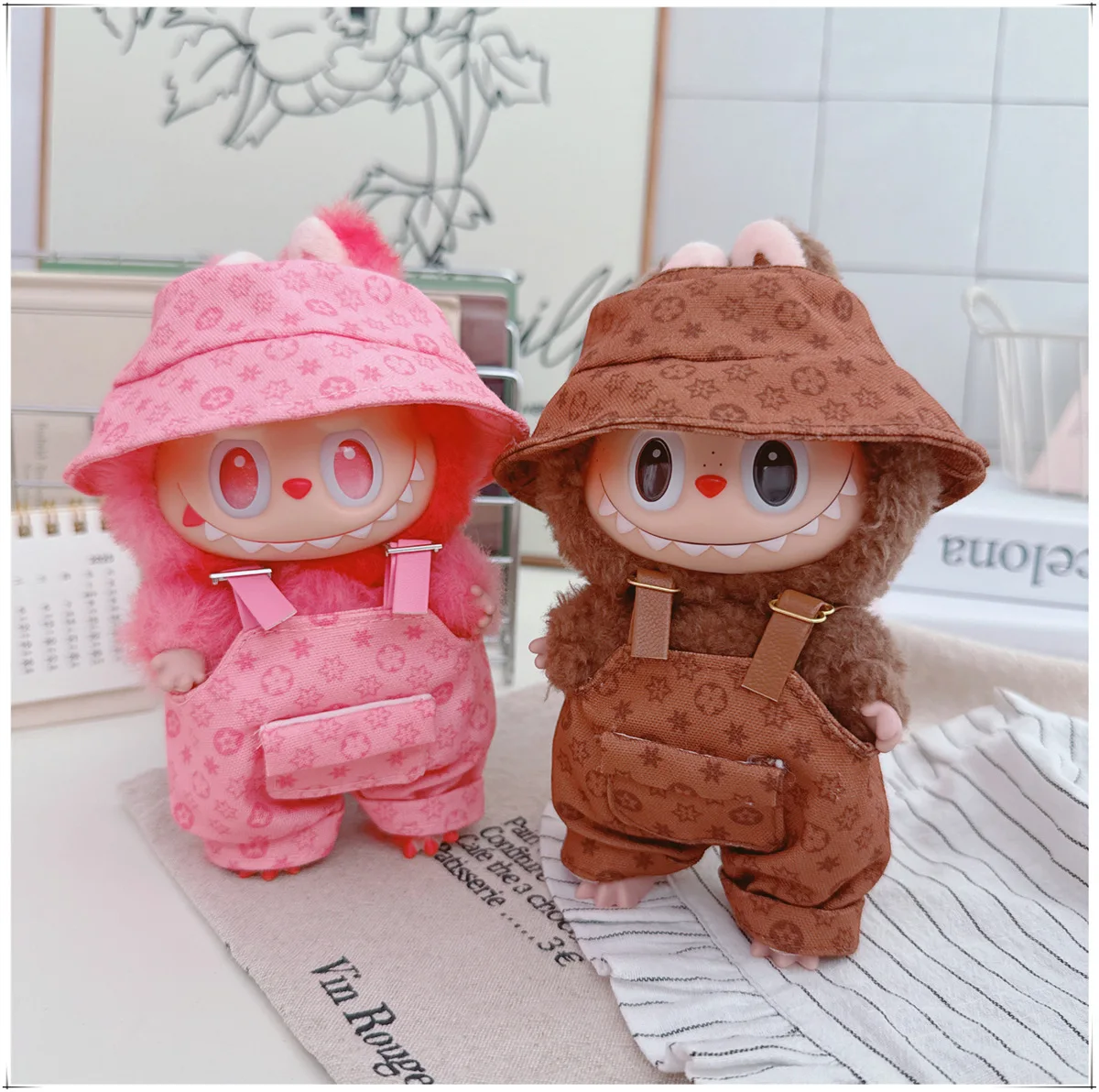 For 17cm Labubu Luxury Clothing Trendy Fisherman Hat Overalls Set V1 V2 V3 Labubu Clothes outfit Doll Accessories DIY Toys 4