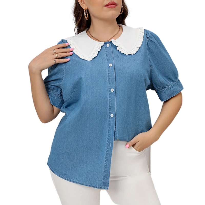 

2022 Plus Size 5XL Women Tops Denim Blue Button Up Jeans Shirts Women Blouses Peter pan Collar Long Sleeve Plus Size Ladies Tops