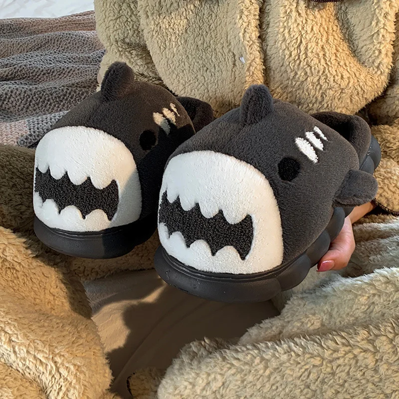 Furry Cartoon Shark Slippers Couple Warm Plush Winter Home Cotton Slippers Soft Sole Non-slip Women Men Indoor Fur Slides