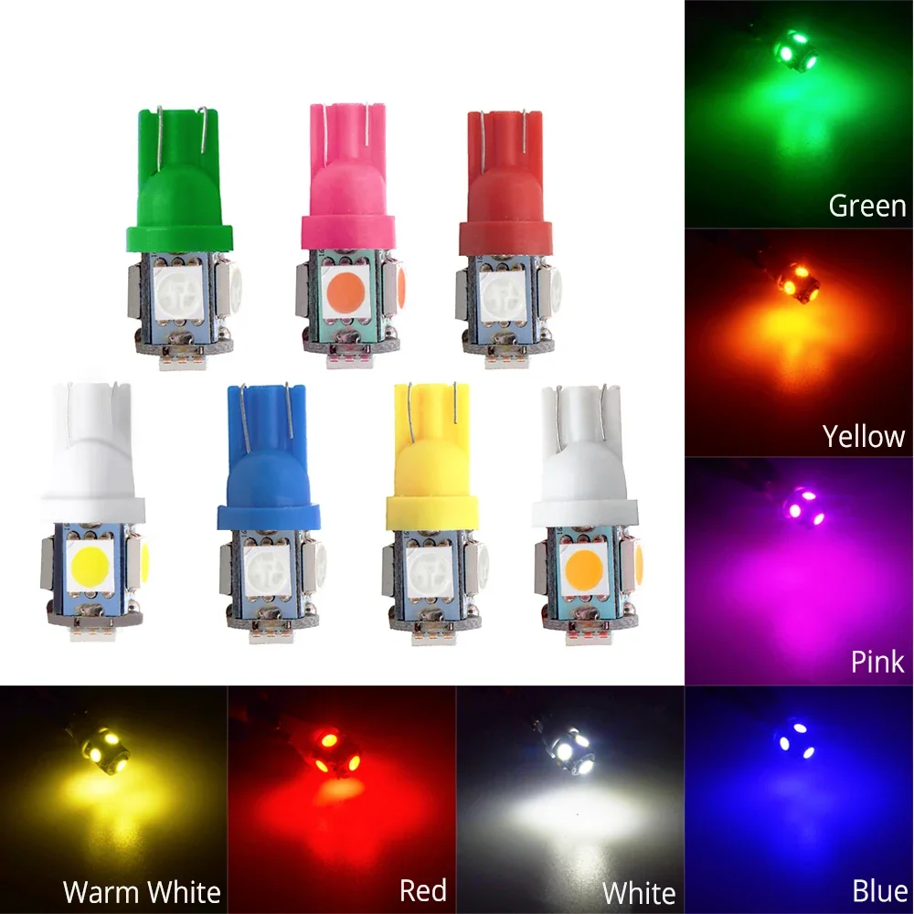 10Pcs T10 5050 5SMD Auto Led Lamp Interior 168 194 LED DC 12V License Plate Bulbs Marker Lights White Blue Red Cob Turn Signal