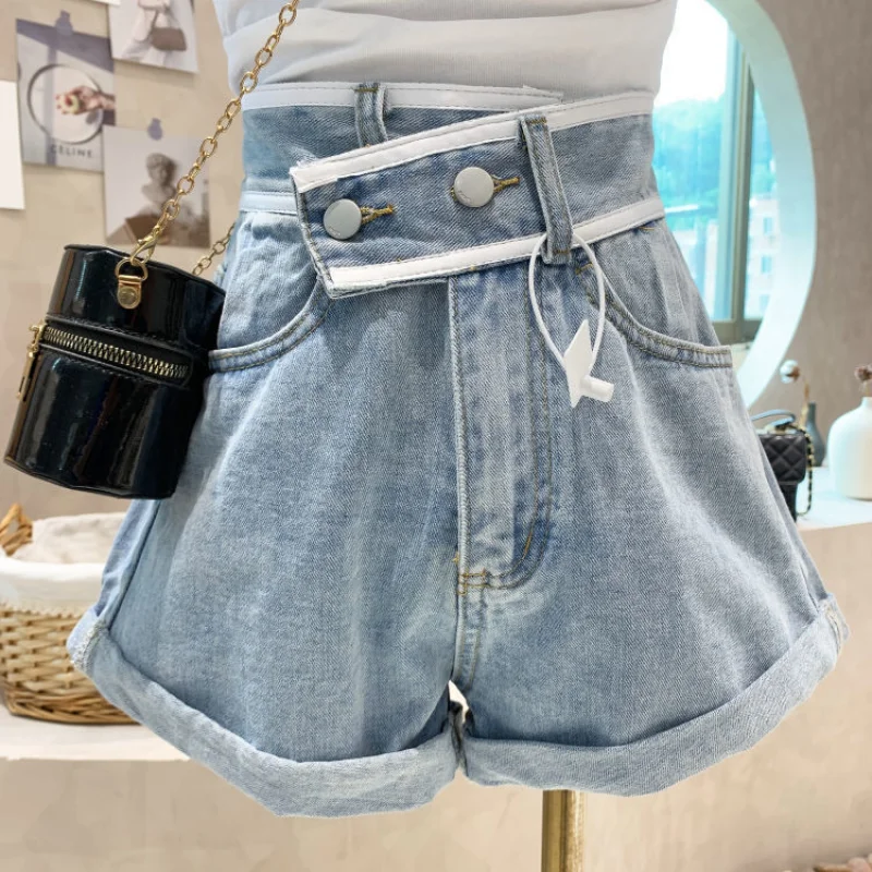

New Casual Fashion High-quality Niche Design Sense Denim Roll-up Wide-leg Pants High Waist A-line Hot Pants Loose Ins Trend