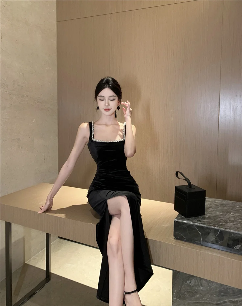 Elegant Bodycon Sleeveless Black Velvet Dresses for Women Diamonds High Slit Evening Party Dress Prom Robe One Piece Vestido New