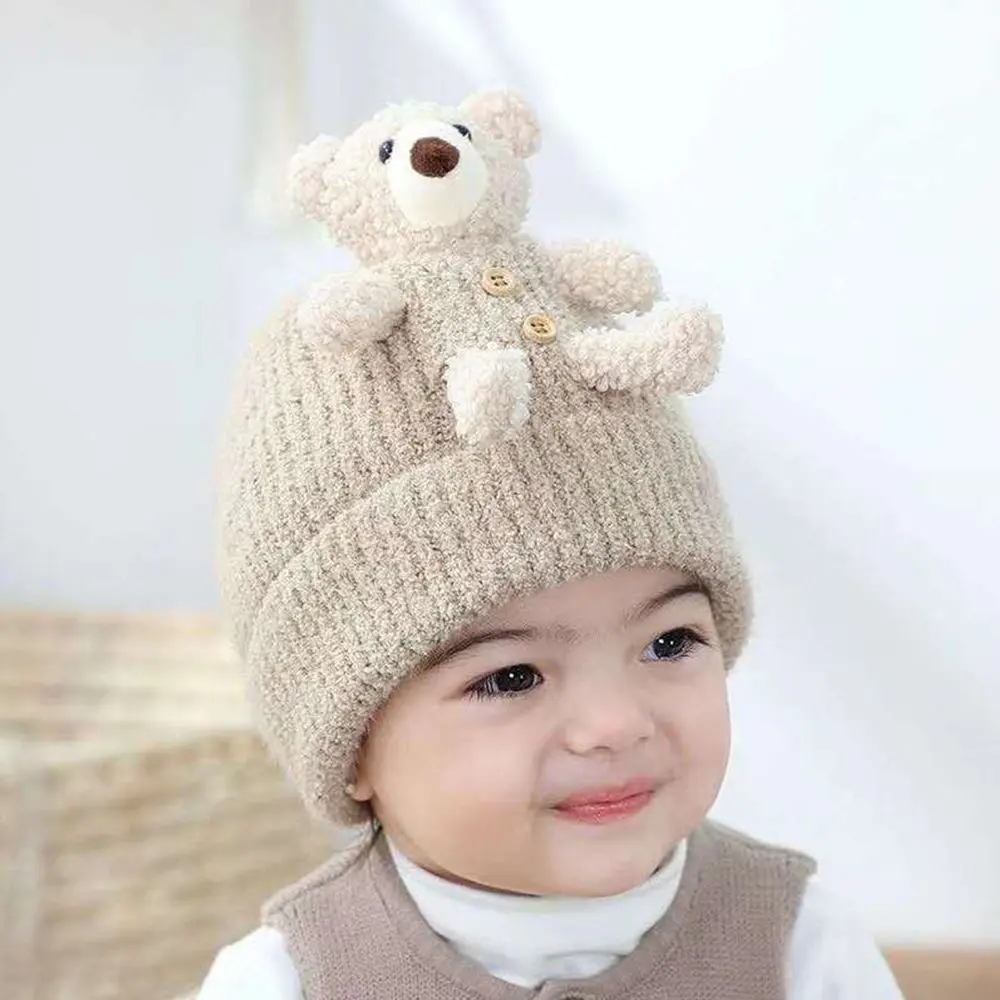 Cute Solid Color Autumn Winter Soft Bonnet Hats Headwear Bear Warm Hat Knitting Cap