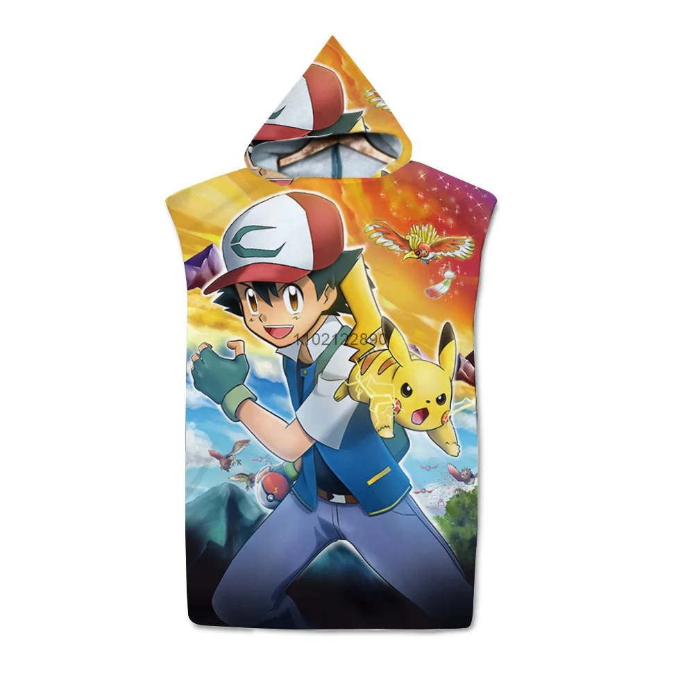 Cute Pokemon Pikachu Cartoon 3D Stampato Con Cappuccio Telo Mare Robe Quick Dry Nuoto Surf Accappatoio Mantello Per Bambini Adulti Regalo