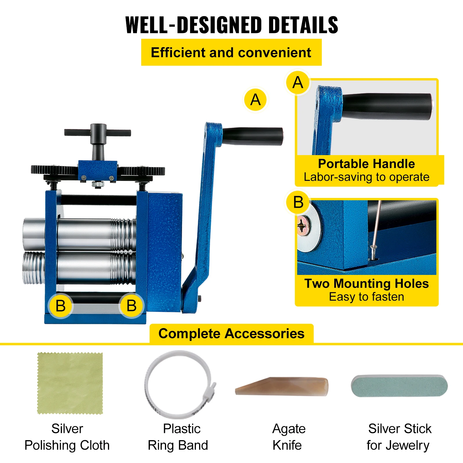 VEVOR Rolling Mills 3 Inch/76mm Jewelry Rolling Mill Machine Gear Ratio 1:2.5 Wire Roller Mill 0.1-7mm Press Thickness Manual Combination Rolling Mill