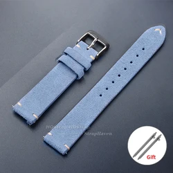 Classic Vintage Suede Leather Watch Strap in Calfskin - 22mm (Light Bule)