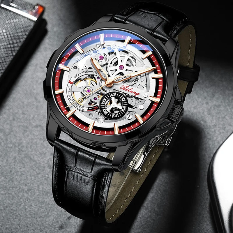 AILANG Men's Fashion Hollow Mechanical Watch High Quality Leather Waterproof Fully Automatic Tourbillon Watches Men's Clock_voghion.com