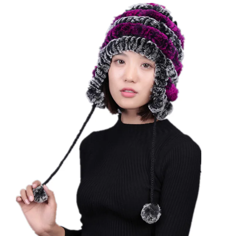 

Лидер продаж, зимние женские шапки в полоску из натуральной искусственной кожи, женские теплые вязаные шапки, русские уличные меховые шапки