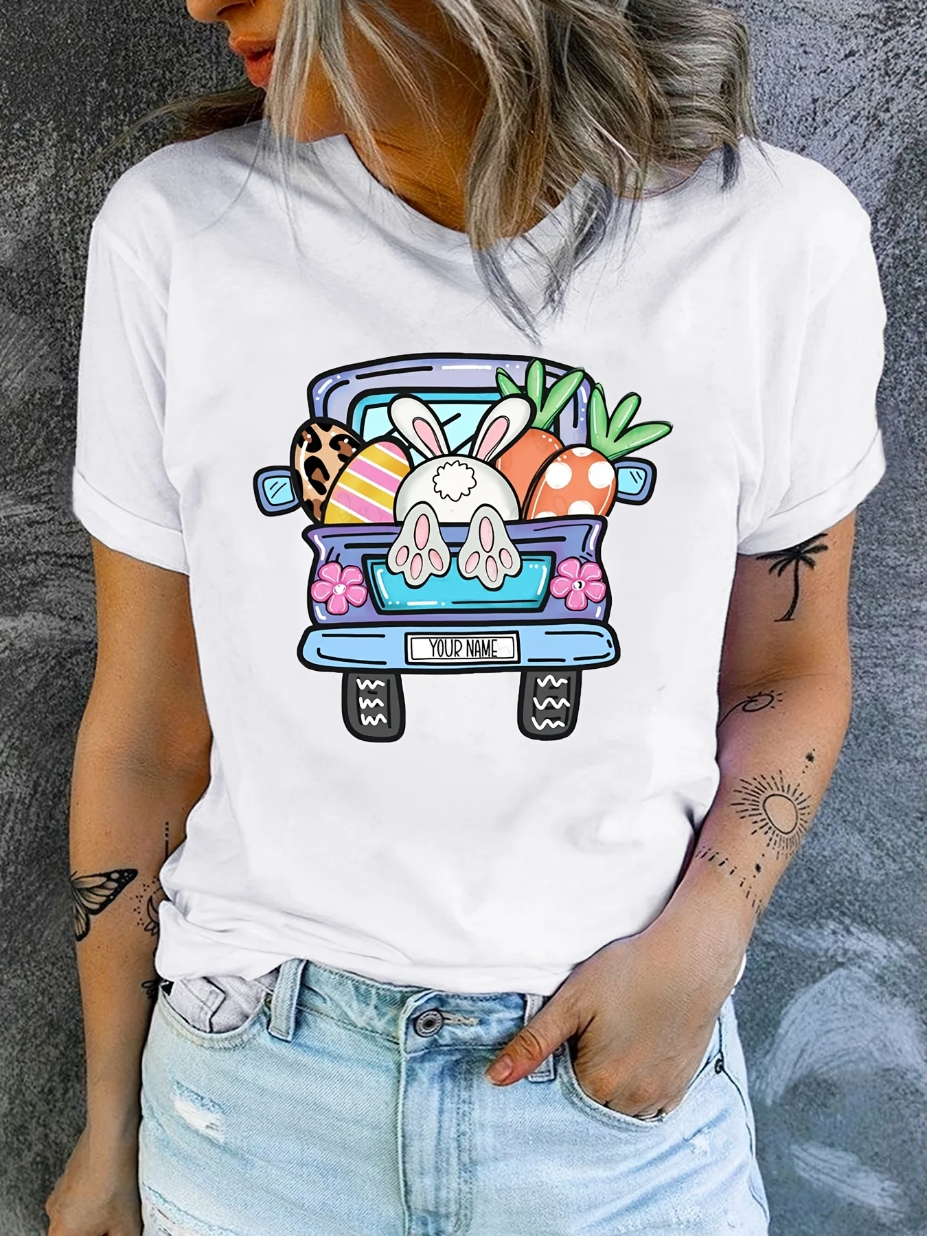

Easter Day Pickup Print T-Shirt, Cartoon Bunny Print Short Sleeve Crew Neck Casual Top For Spring & Summer, Women's Clothing