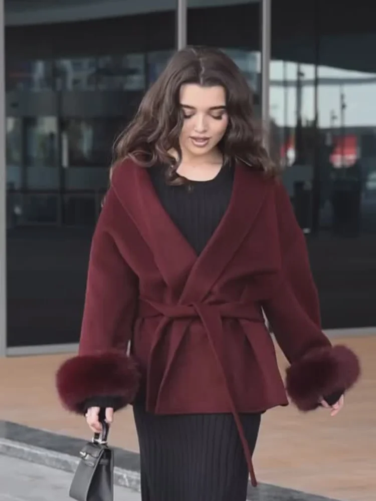 Fashion High Waist Flap Pockets Long Coats Elegant Burgundy Lapel Single Breasted Wool Blends Overcoat New Lady Street Outerwear 6