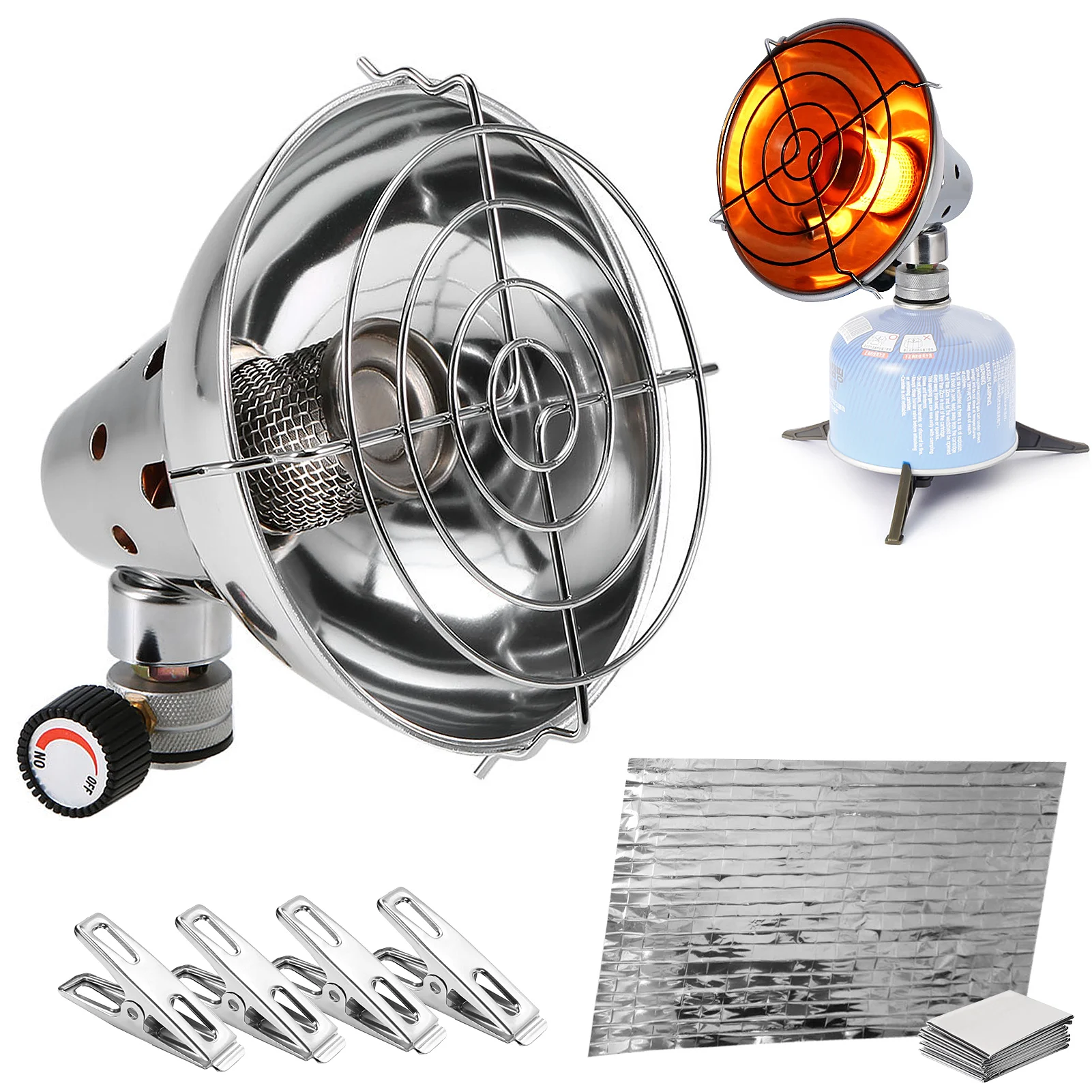 Portable Gas Heater with Emergency Blanket and 4 Clips Camping Heater
