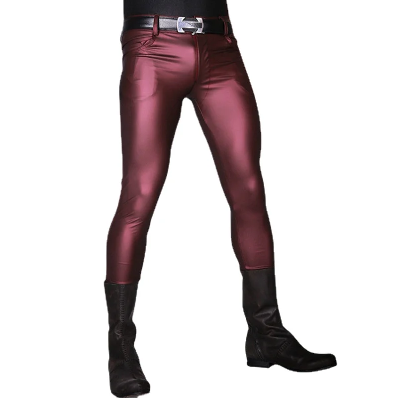 Wine Red Black Faux Leather Men Pants Skinny Casual Trousers Punk Rock Pencil Pants Stretch Tight Leggings Stage Show Clubwear