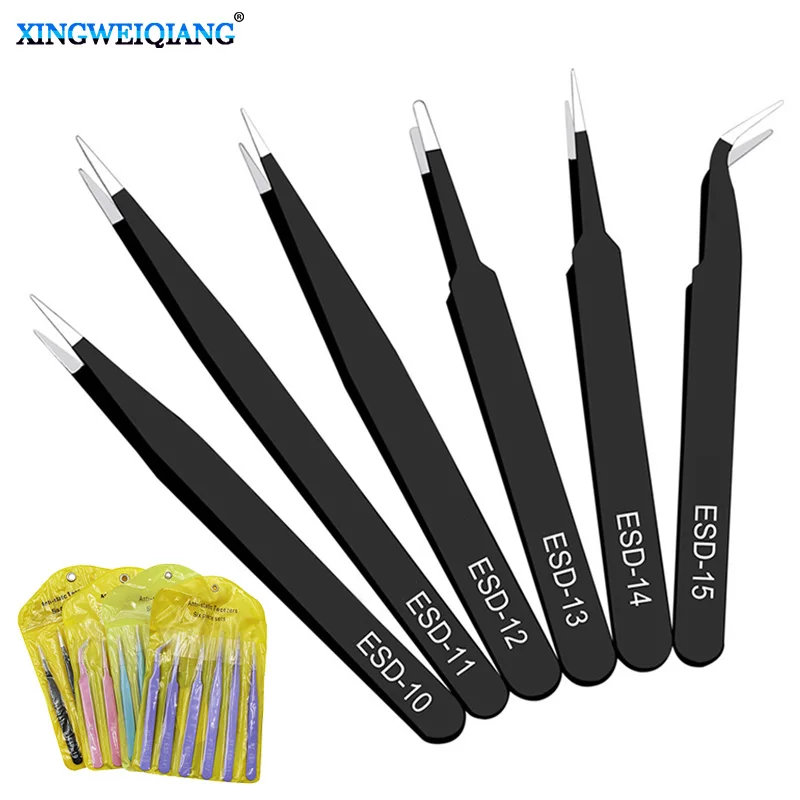ESD Anti-Static Tweezers 6PCs Precision Maintenance Industrial Repair Curved Tool Home Working Model Making Hand