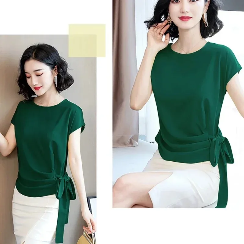 Women's Silk Short-Sleeved Blouse and Tops Green Bow Shirts Women's Clothing Office Lady New Summer 9899