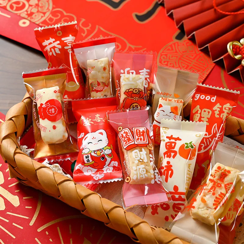 100 Stücke 4x9 cm 2026 Chinesisches Neujahr Verpackungsbeutel Backen Schneeflocke Knackige Maschine Versiegelung Süßigkeiten Geschenktüte