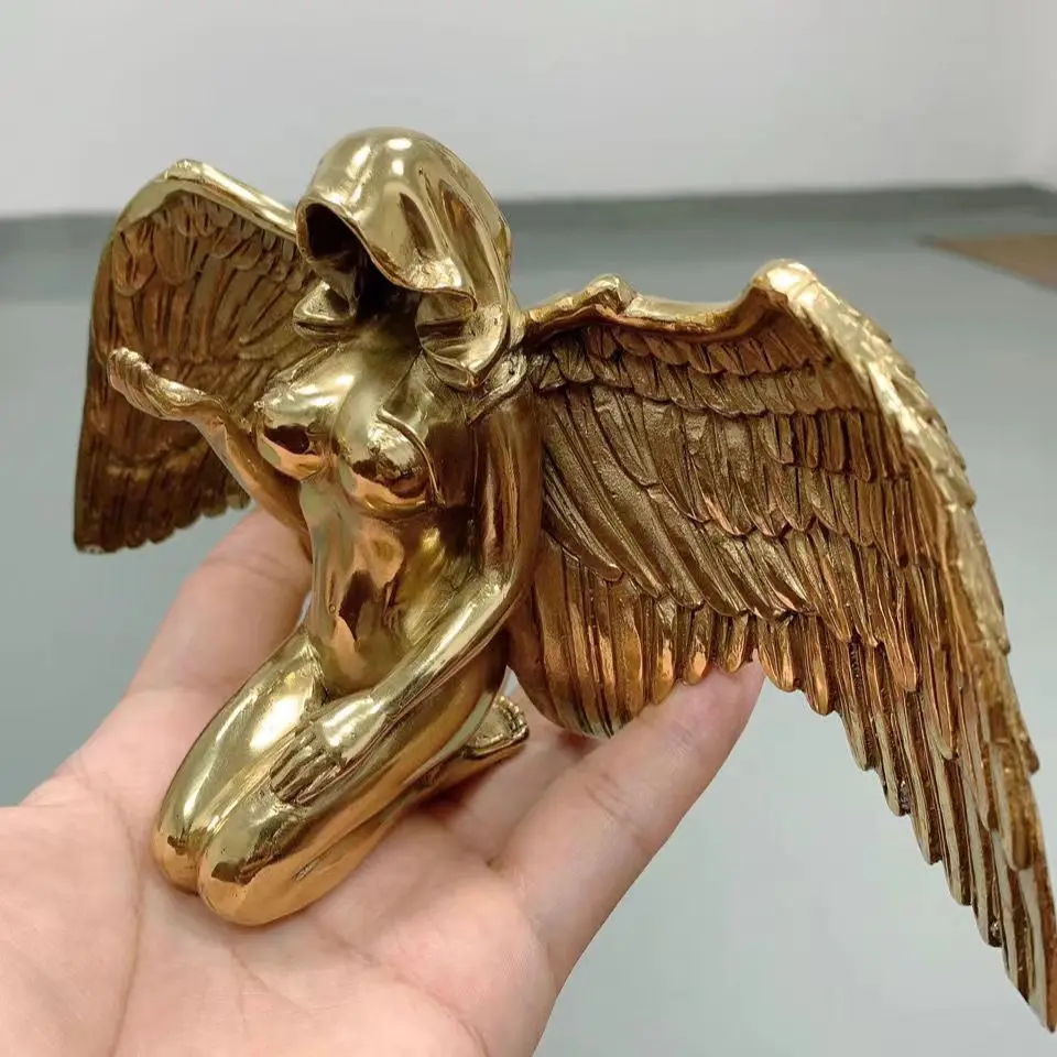 

Art Angel Female Wings Kneeling Cloak Hat Angel Figurine Collectible Pure copper Ornaments Kneeling Statue