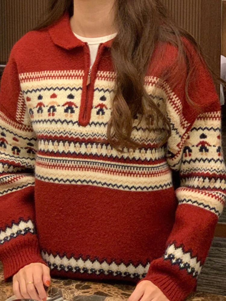 Retro High-End Red Sweater Women's Autumn Winter Loose Long Sve Turn-down Collar Knitted Top Festival Casual Wear