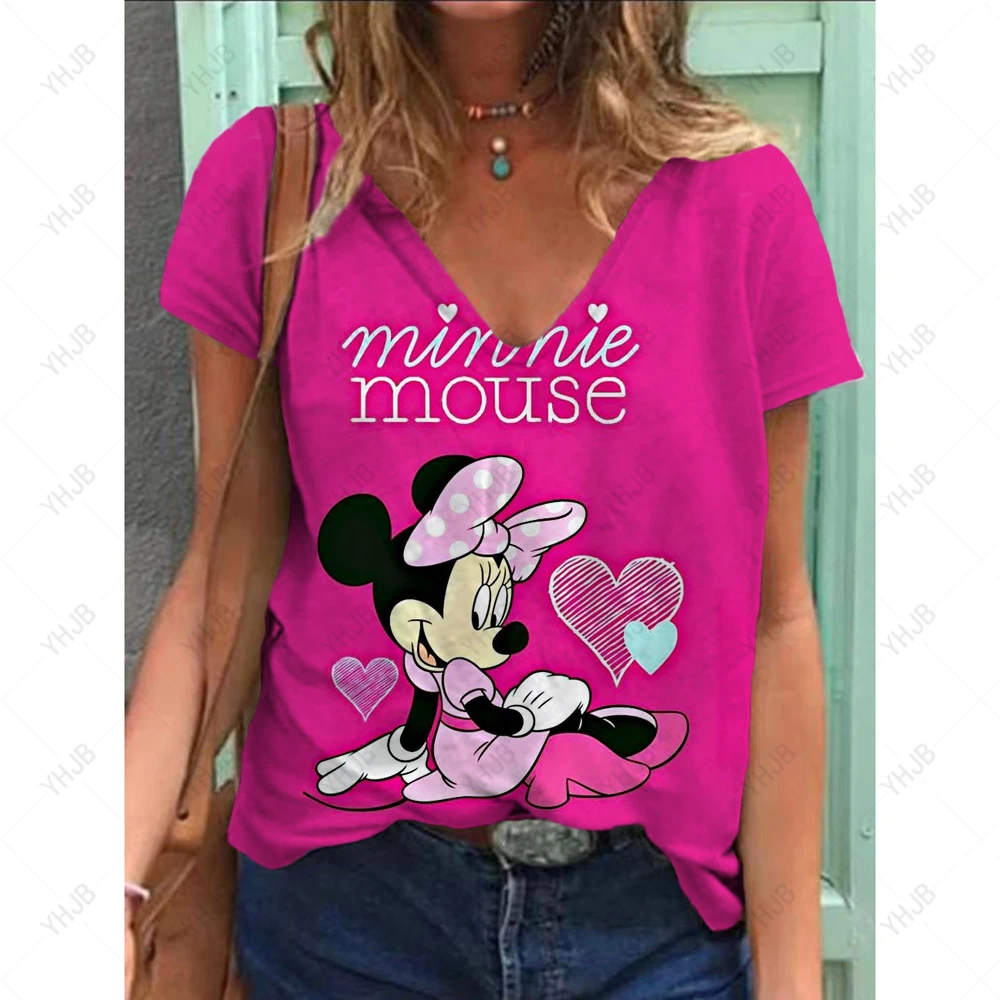 Summer New Women T Shirt Disney Minnie Mickey Mouse Print V-neck Short Sleeve Blouse Fashion Plus Size T-shirts For Women Top images - 6