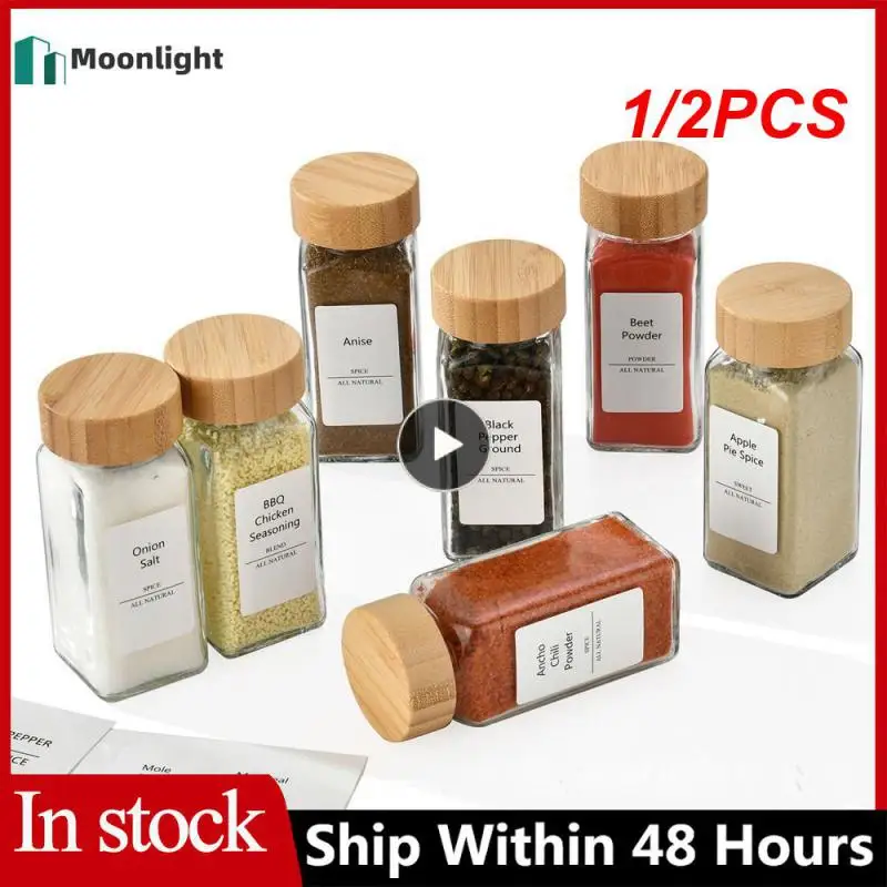 5pcs 120ml Wholesale Acacia Wood Cover Square Glass Jars Kitchen Seasoning  Bottle Table Salt Flavor Herb & Spice Tools