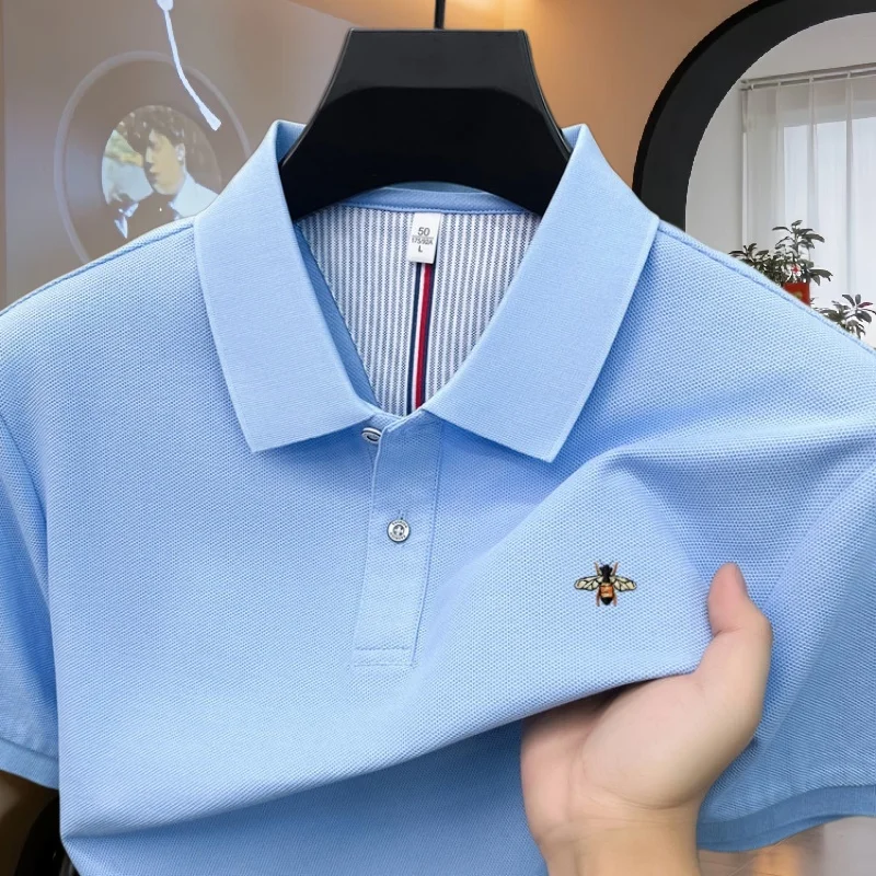 100% reine Baumwolle, hochwertiges Marken-Herren-Poloshirt mit kurzen Ärmeln, Sommer 2026, luxuriöses Mode-Golf-Oberteil mit Bienen-Stickerei, lässiges T-Shirt