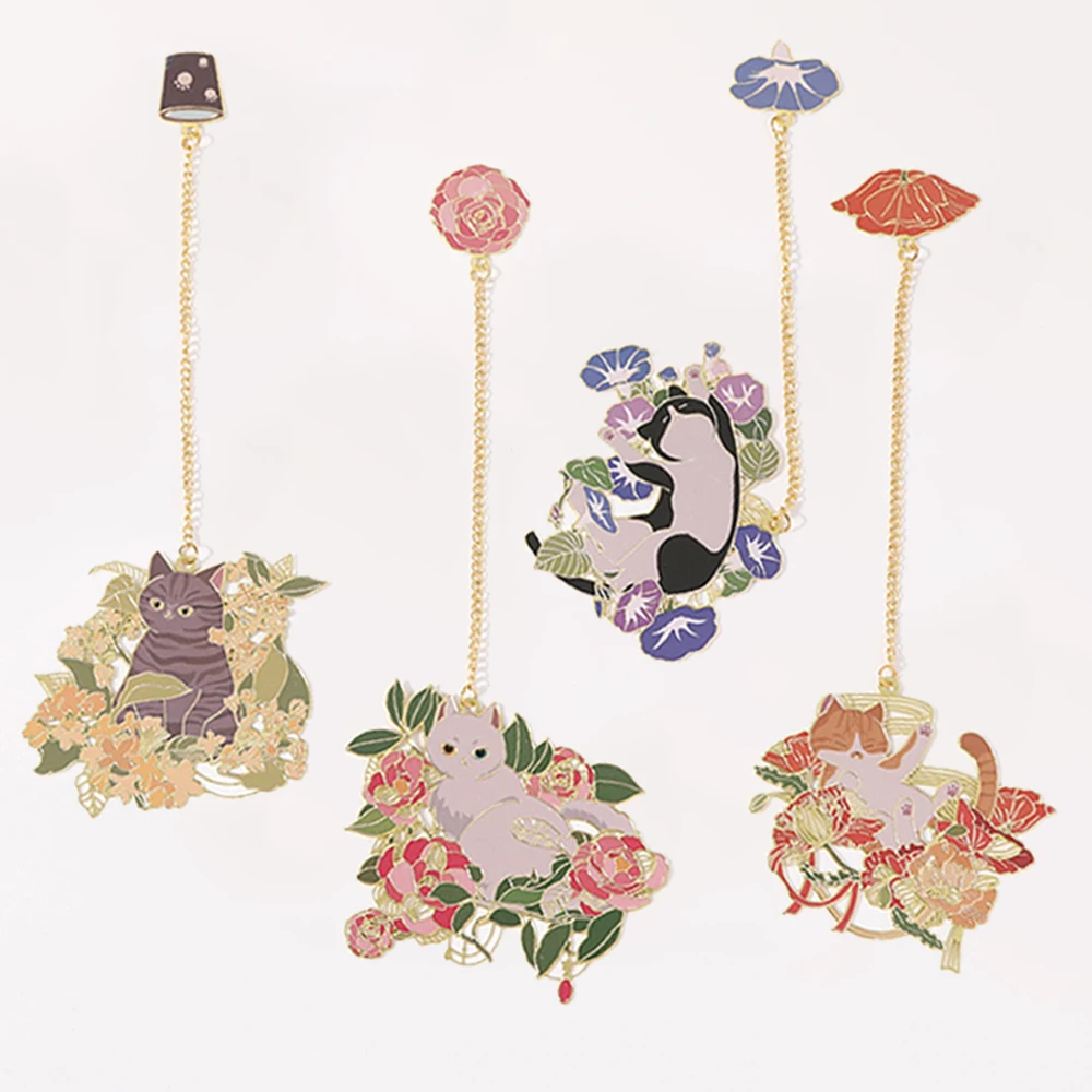 Flower Cat Metal Bookmark 1PC Classical Cute Style Student Gift Cultural and Creative Hollow metal bookmark animal bookmark floral painting bookmark retro flower bookmark bookmarks stationery supplies