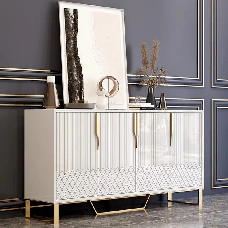 Modern Stainless Steel Foot Tempered Glass Top Wooden Console Table Luxury 4 Drawers Storage Cabinet Dining Room Sideboard