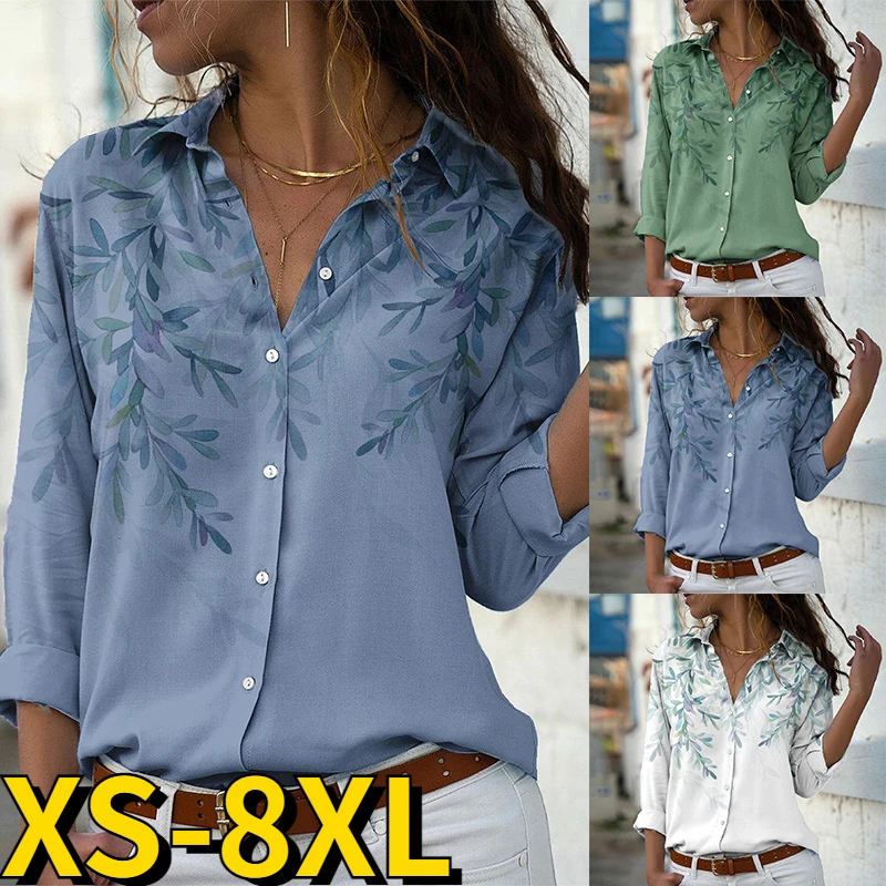 

2022 New Autumn Winter Sexy Shirt Button Fashion Casual Shirt Simple Style Clothes Women Elegance V-neck Print Loose Size Shirt