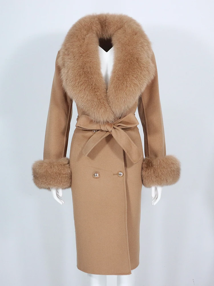 OFTBUY 2022 Real Big Fur Coat Winter Jacket Women Natural Fox Fur Collar Cashmere Wool Blends Long Outerwear Ladies Streetwear