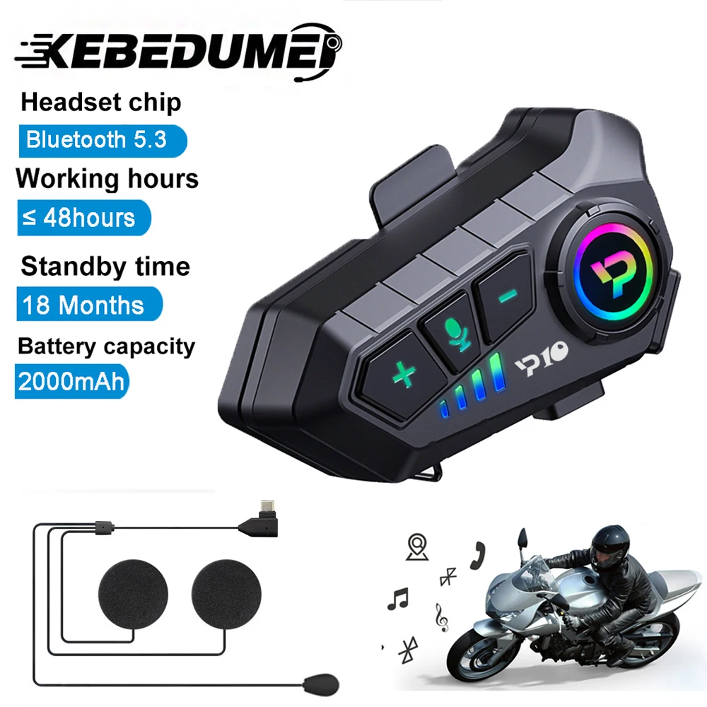 Motorcycle Helmet Headset Bluetooth 5.3 Wireless Waterproof Noise Reduction 2000mah