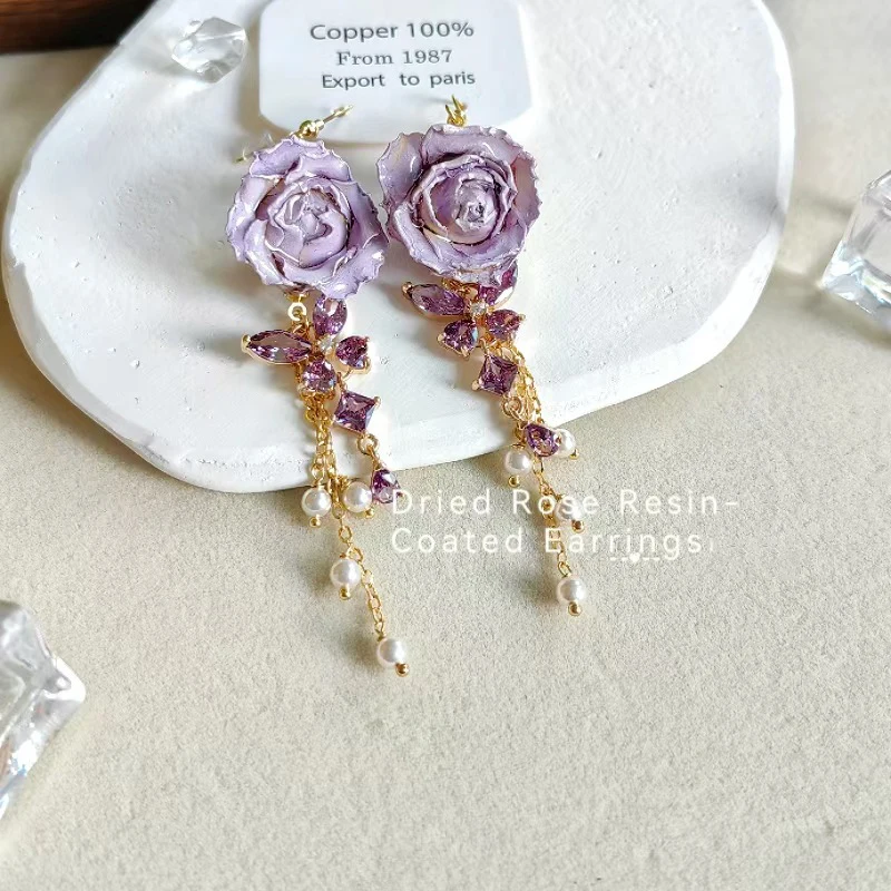 Elegant Immortal Rose Long Earrings Epoxy Resin Real Rose Flower 20