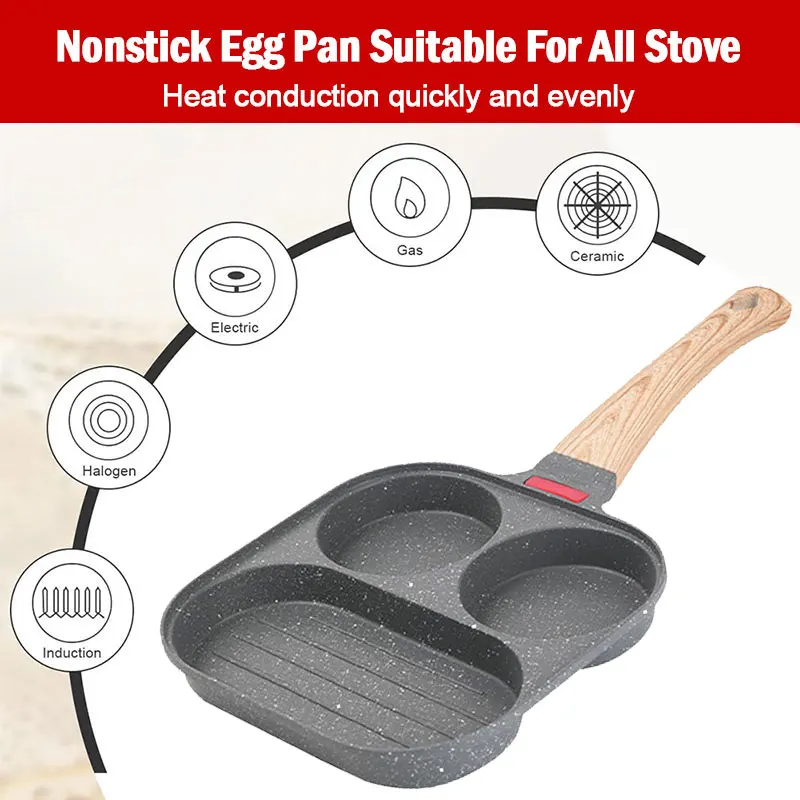 Egg Frying Pan, Nonstick Fried Egg Pan 3 Section Square Grill Pan Egg and  Bacon Pan Divided Frying Pan with Wood Handle for Gas Stove Induction