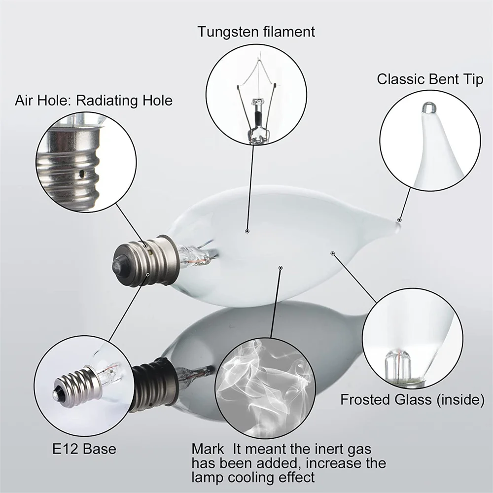 12pcs 불꽃 팁 샹들리에 전구 25W Candelabra E12 120V 서리 장식 백열 천장 팬, 펜던트, 따뜻한 흰색
