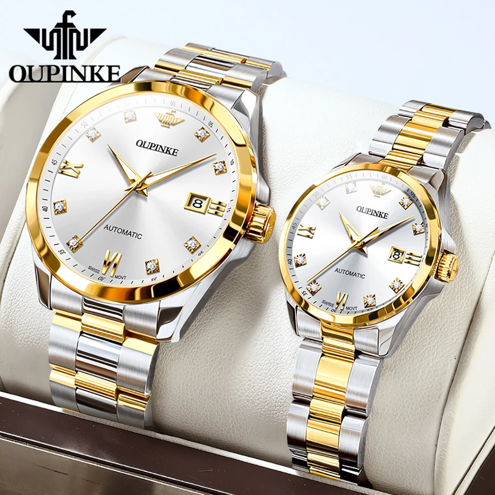 OUPINKE Couple Watches for Men Women Real Diamonds Swiss Movement Sapphire Mirror TOP Luxury Automatic Couple Watches Pair Set