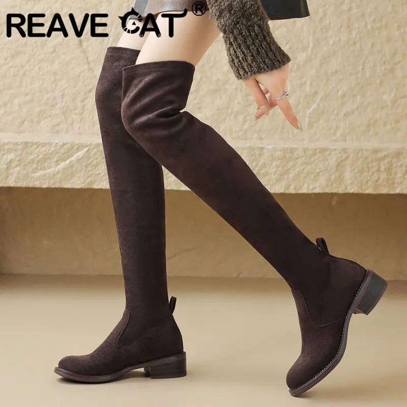 

REAVE CAT Female Thigh Boots Round Toe Thick Heels 4cm Slip On Plus Size 42 43 Autumn Winter Stretch Bota Retro Elegant Shoes 33