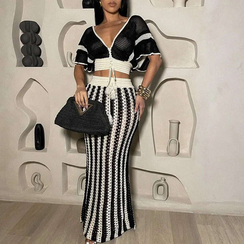 Striped Knitted Two Piece Set Women Outfit Y2K Clothes Clubwear Party Hollow Out V-neck Crop Top and Long Skirt Maxi Dress Sets - Image 4