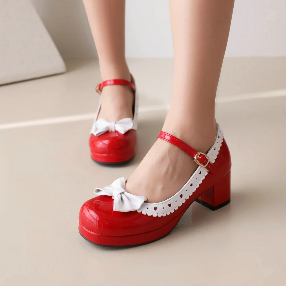 Woman's Block Heel Classic Lolita Shoes Cute Bowknot Strap Buckle Vintage Mary Jane Shoe Patent Leather Platform Pumps Plus Size