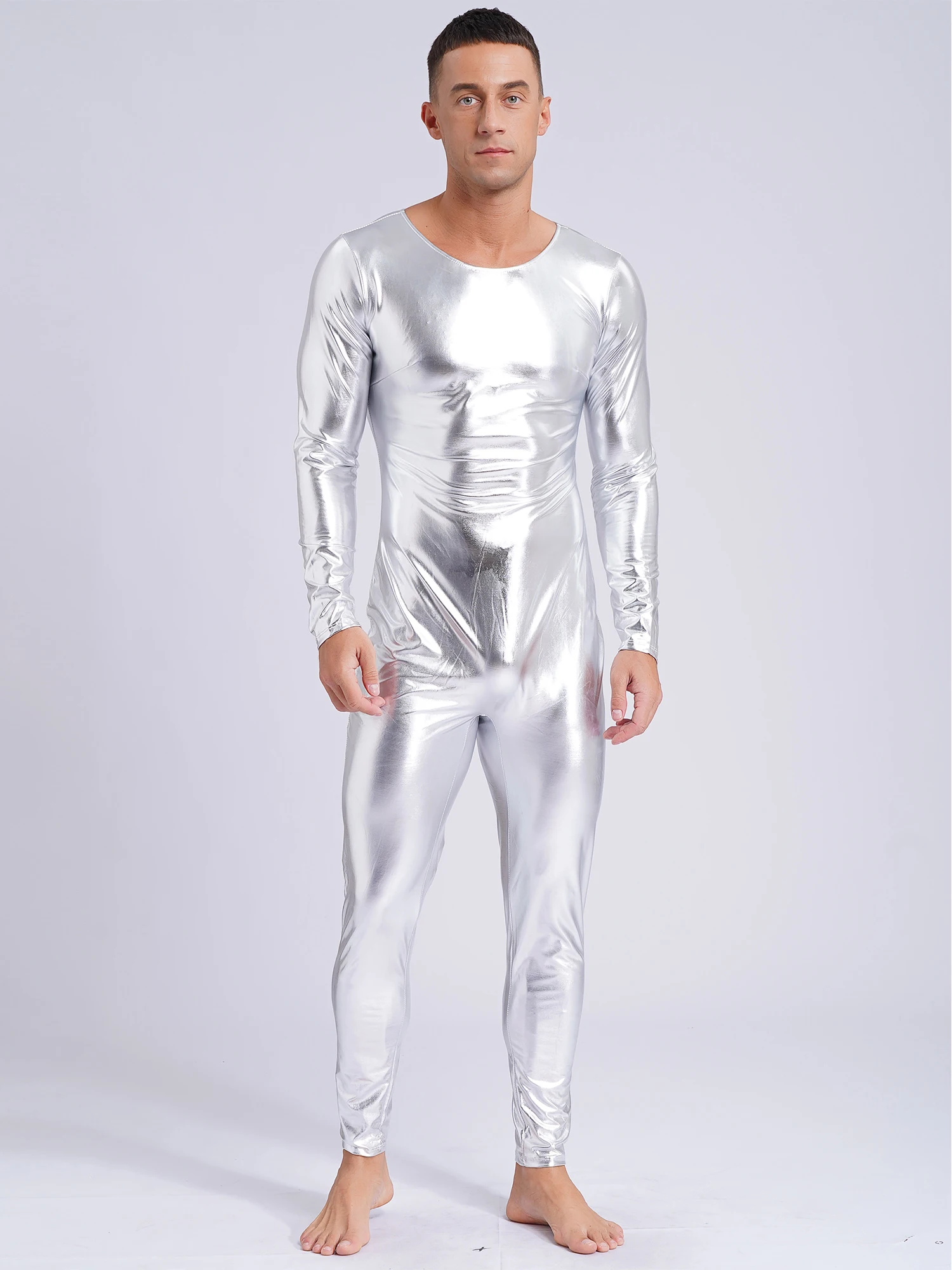 Mens Stage Costumes Dancewear Metallic Full Body Bodysuit Gymnastics Jumpsuit Long Sleeve Jazz Dance Disco Bar Shiny Unitard - 5