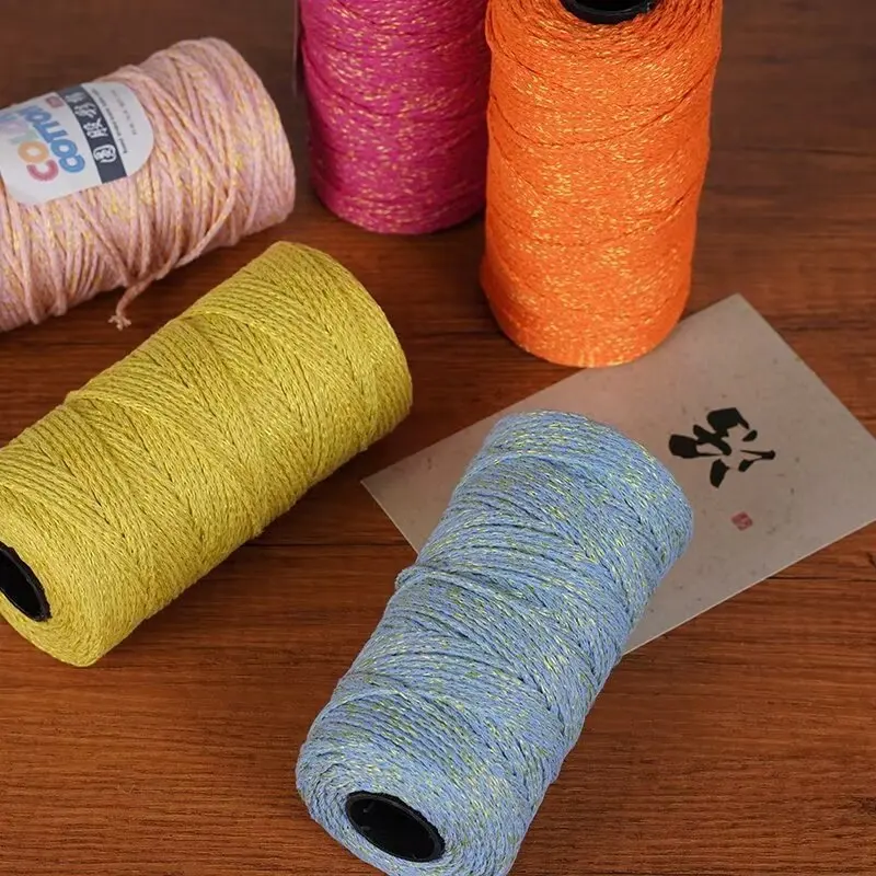 2mm Metallic Gold Hollow Cotton Linen Yarn for DIY Crochet Hats Bags Handmade Crafts Soft and Shiny Round Strand Yarn Thread 3