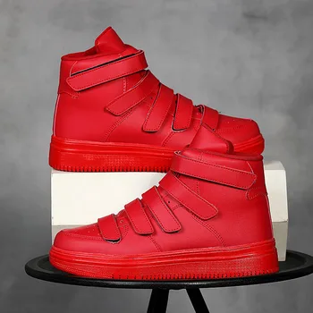 2024 Brand Men High Top Shoes Fashion Red Mens Sneakers Leather Casual Breathable Skateboard Sneakers Men Flat Vulcanized Shoe 1