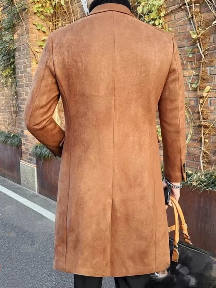 Winter Men Business Casual Slim Fit Padded Long Coat Warm Windbreakers Overcoat Single Breasted Fashion Office Mens Suede Trench