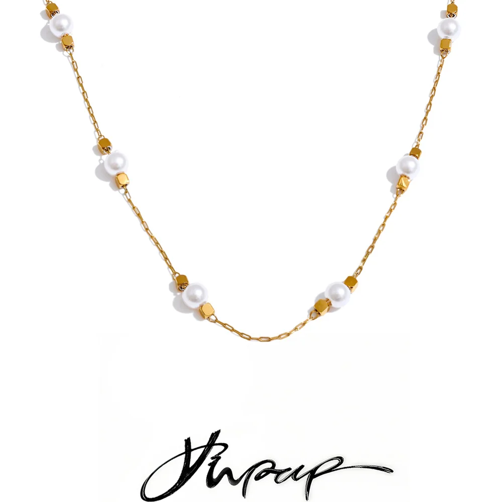 Yhpup Waterproof Stainless Steel Simulated Pearls Square Thin Chain Necklace